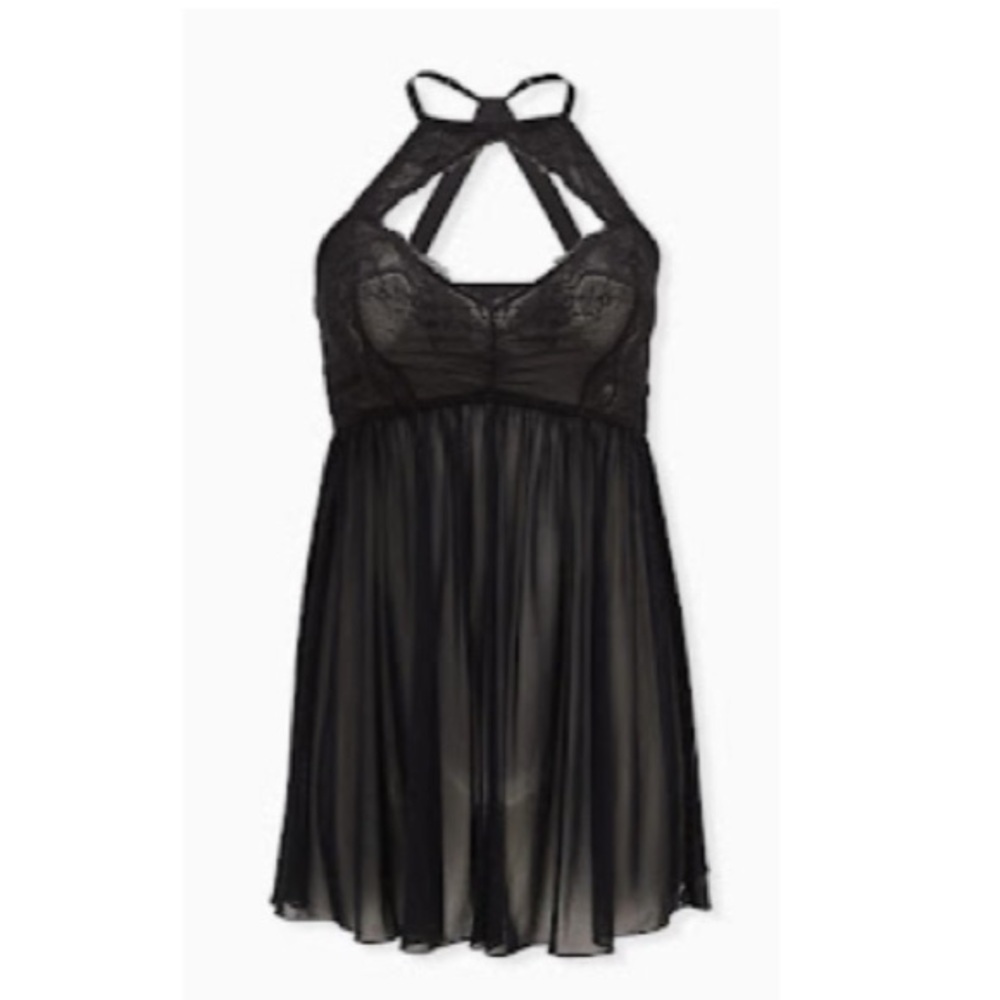 Black Lace & Mesh High Neck Keyhole Babydoll